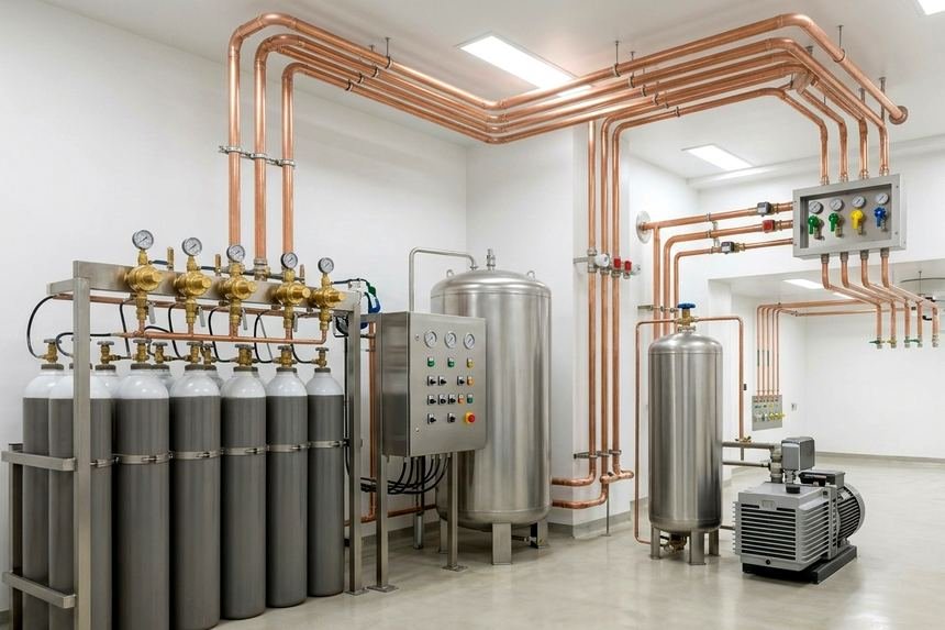 Central de suministro de gases medicinales: manifold de cilindros con reguladores, tablero de control, tanques y bomba de vacío